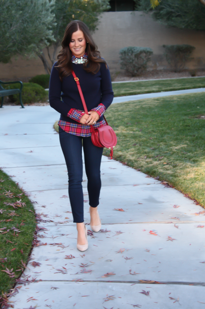 Sequin Collar Navy Sweater, Red Plaid Shirt, Cropped Dark Rinse Skinny Jeans, Red Leather Crossbody Bag, Beige Suede Heels, J.Crew, J.Crew Factory, Paige Denim, Chloe 17