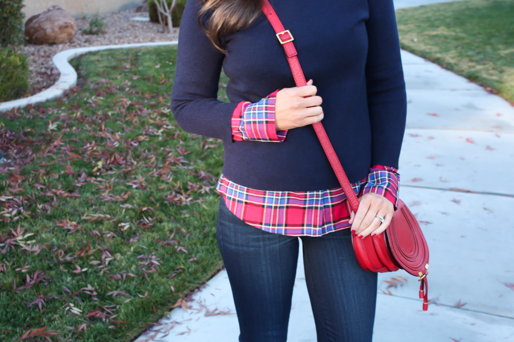 Sequin Collar Navy Sweater, Red Plaid Shirt, Cropped Dark Rinse Skinny Jeans, Red Leather Crossbody Bag, Beige Suede Heels, J.Crew, J.Crew Factory, Paige Denim, Chloe 19