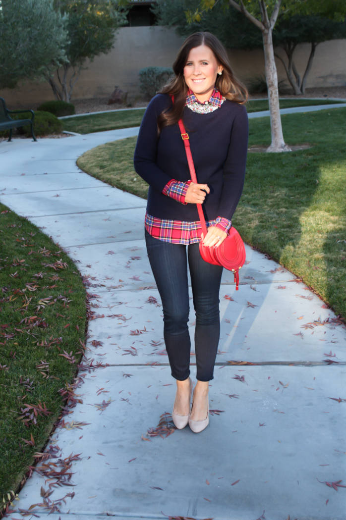 Sequin Collar Navy Sweater, Red Plaid Shirt, Cropped Dark Rinse Skinny Jeans, Red Leather Crossbody Bag, Beige Suede Heels, J.Crew, J.Crew Factory, Paige Denim, Chloe 2