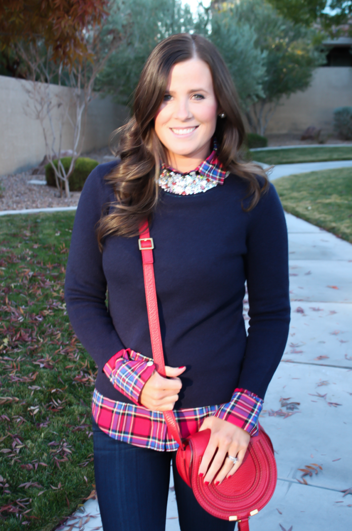 Sequin Collar Navy Sweater, Red Plaid Shirt, Cropped Dark Rinse Skinny Jeans, Red Leather Crossbody Bag, Beige Suede Heels, J.Crew, J.Crew Factory, Paige Denim, Chloe 21