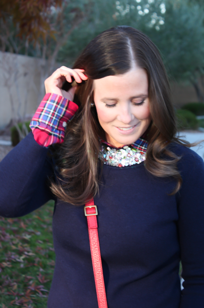 Sequin Collar Navy Sweater, Red Plaid Shirt, Cropped Dark Rinse Skinny Jeans, Red Leather Crossbody Bag, Beige Suede Heels, J.Crew, J.Crew Factory, Paige Denim, Chloe 22