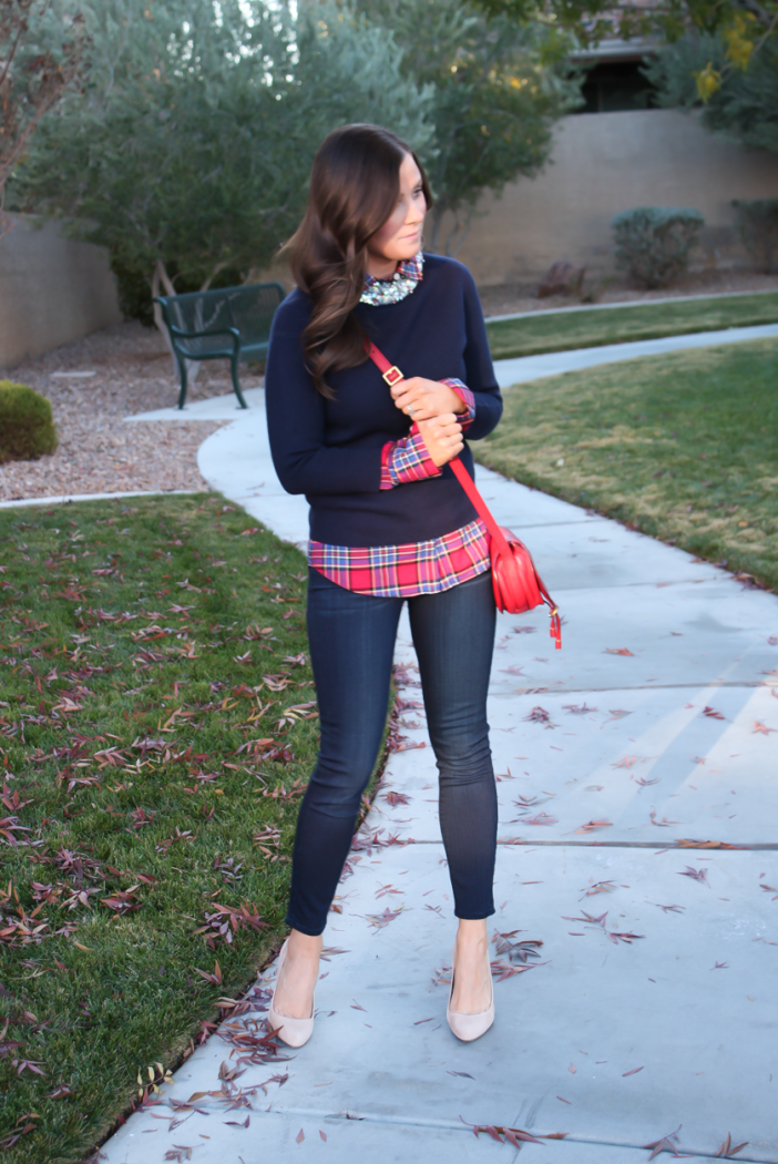 Sequin Collar Navy Sweater, Red Plaid Shirt, Cropped Dark Rinse Skinny Jeans, Red Leather Crossbody Bag, Beige Suede Heels, J.Crew, J.Crew Factory, Paige Denim, Chloe 6