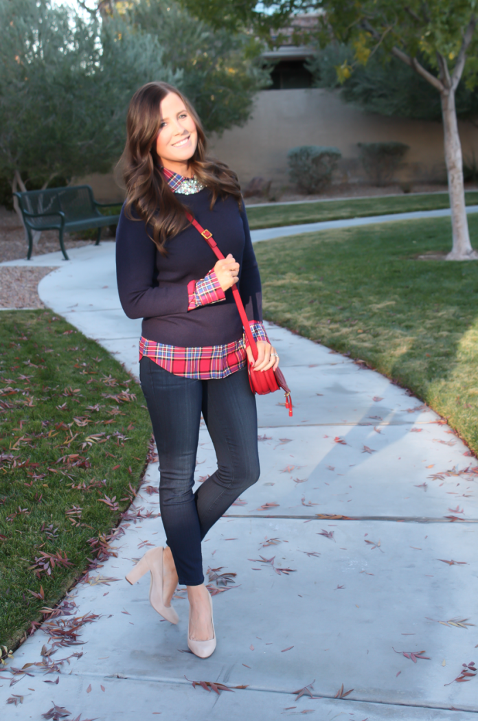 Sequin Collar Navy Sweater, Red Plaid Shirt, Cropped Dark Rinse Skinny Jeans, Red Leather Crossbody Bag, Beige Suede Heels, J.Crew, J.Crew Factory, Paige Denim, Chloe 9