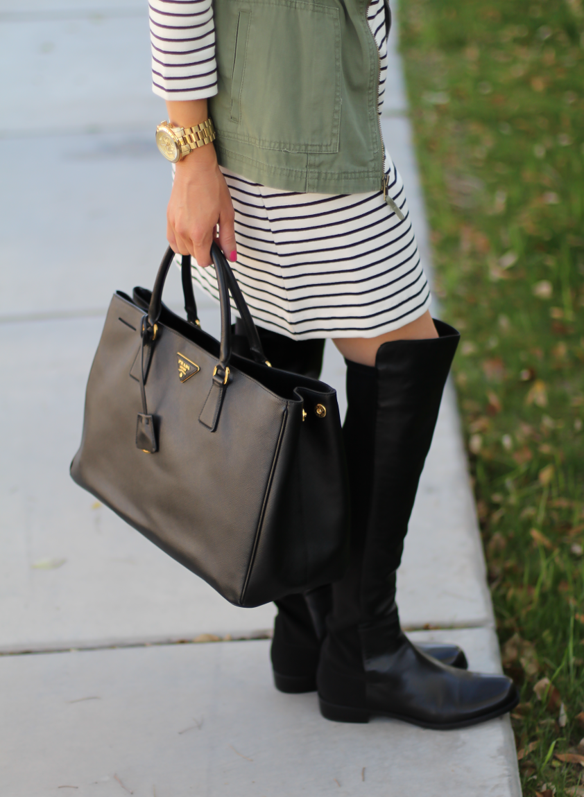 Black and White Striped Dress, Green Utility Vest, Black Leather Over the Knee Boots, Black Leather Tote, J.Crew Factory, Target, Stuart Weitzman, Prada 13