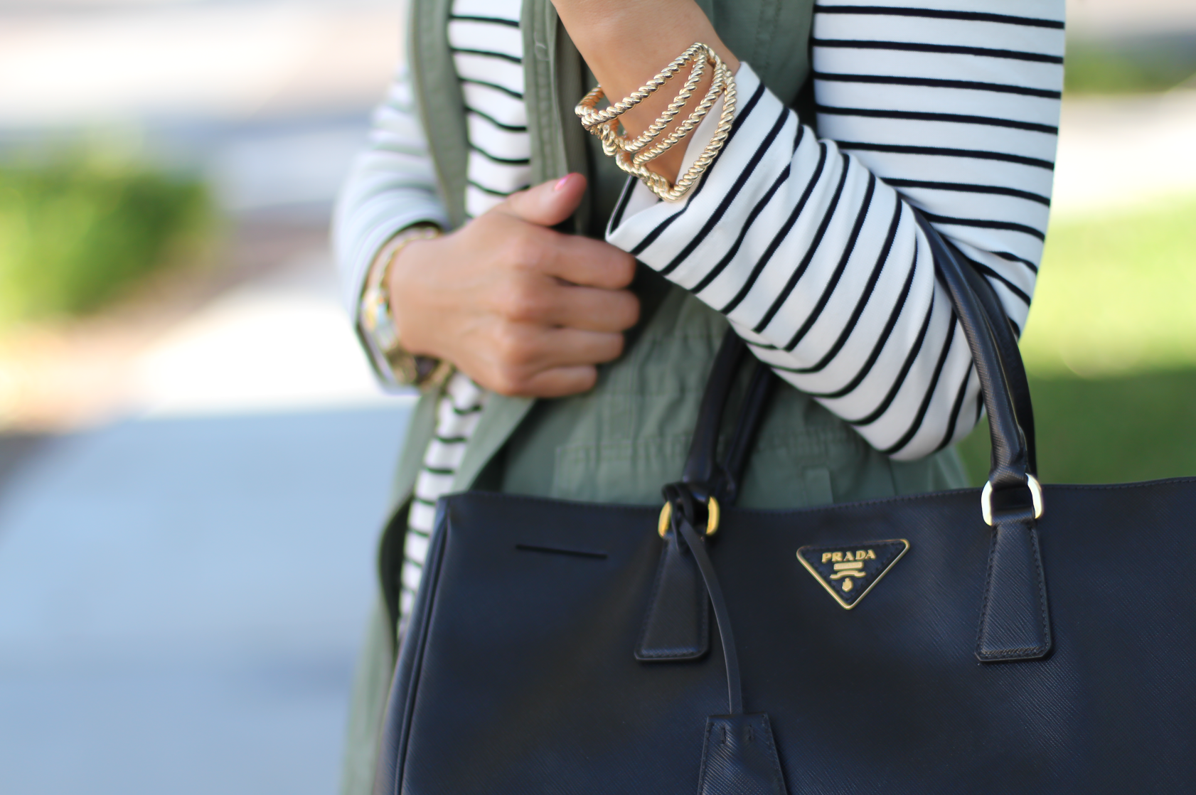 Black and White Striped Dress, Green Utility Vest, Black Leather Over the Knee Boots, Black Leather Tote, J.Crew Factory, Target, Stuart Weitzman, Prada 17