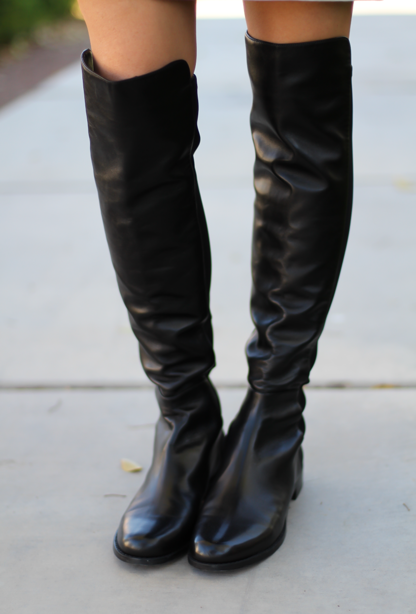 Black and White Striped Dress, Green Utility Vest, Black Leather Over the Knee Boots, Black Leather Tote, J.Crew Factory, Target, Stuart Weitzman, Prada 18