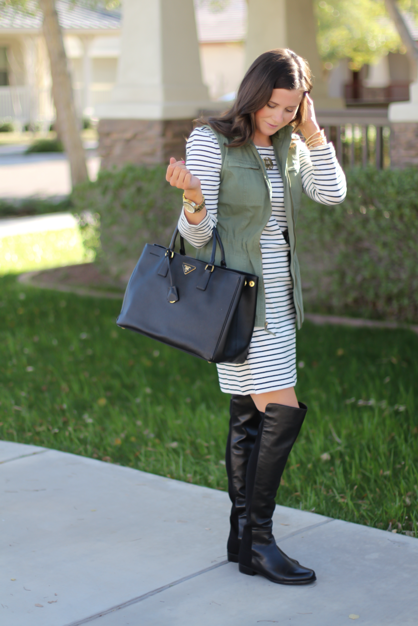 Black and White Striped Dress, Green Utility Vest, Black Leather Over the Knee Boots, Black Leather Tote, J.Crew Factory, Target, Stuart Weitzman, Prada 3