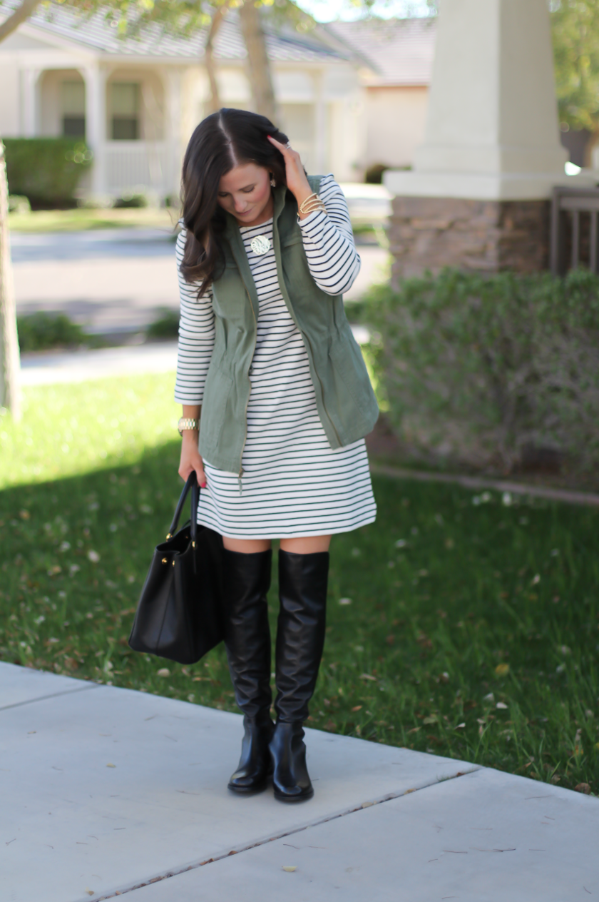 Black and White Striped Dress, Green Utility Vest, Black Leather Over the Knee Boots, Black Leather Tote, J.Crew Factory, Target, Stuart Weitzman, Prada 5