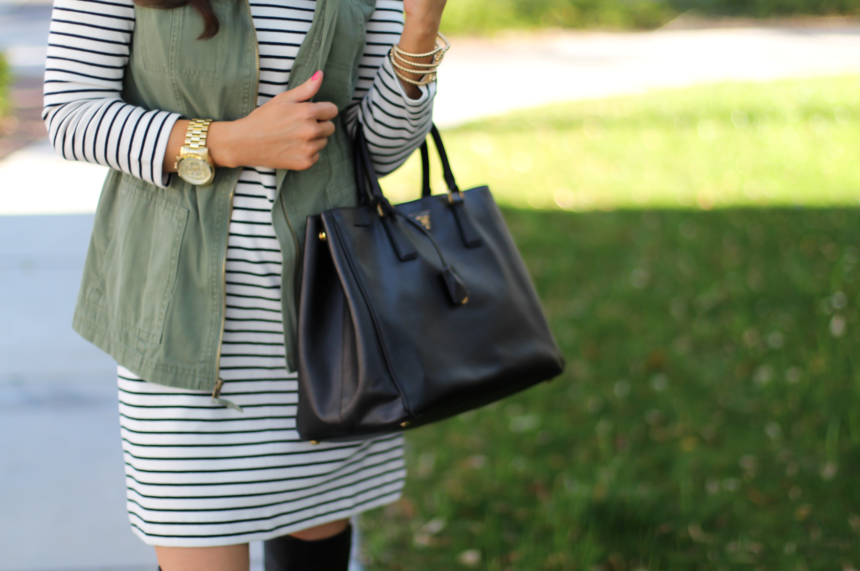 Black and White Striped Dress, Green Utility Vest, Black Leather Over the Knee Boots, Black Leather Tote, J.Crew Factory, Target, Stuart Weitzman, Prada 9