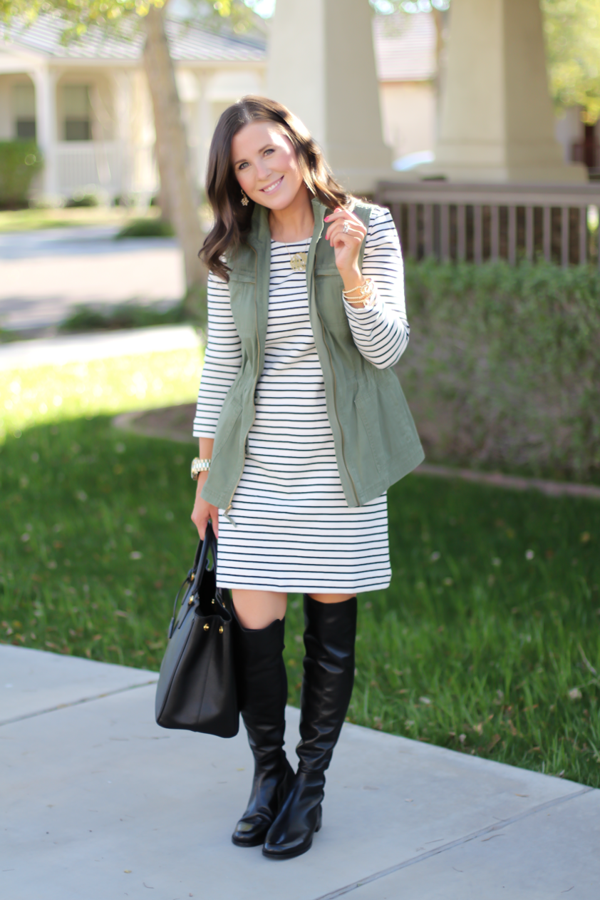 Black and White Striped Dress, Green Utility Vest, Black Leather Over the Knee Boots, Black Leather Tote, J.Crew Factory, Target, Stuart Weitzman, Prada