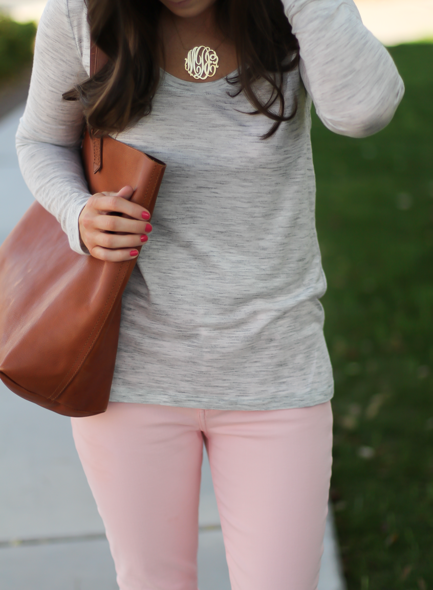 Blush Pink Skinny Jeans, Grey Scoop Neck Tee, Tan Suede Booties, Cognac Leather Tote, 7 for All Mankind, Banana Republic, Joie, Madewell 10