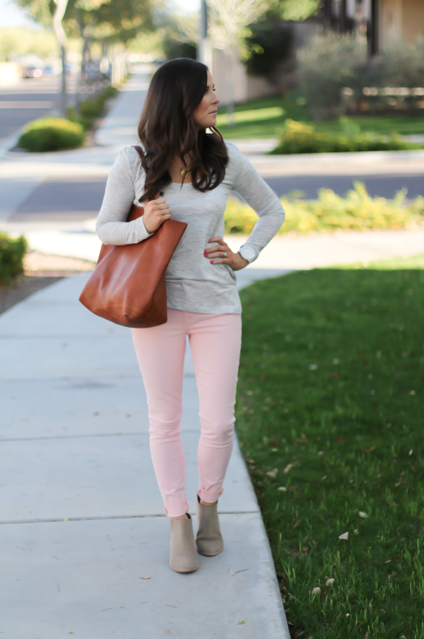 Blush Pink Skinny Jeans, Grey Scoop Neck Tee, Tan Suede Booties, Cognac Leather Tote, 7 for All Mankind, Banana Republic, Joie, Madewell 2