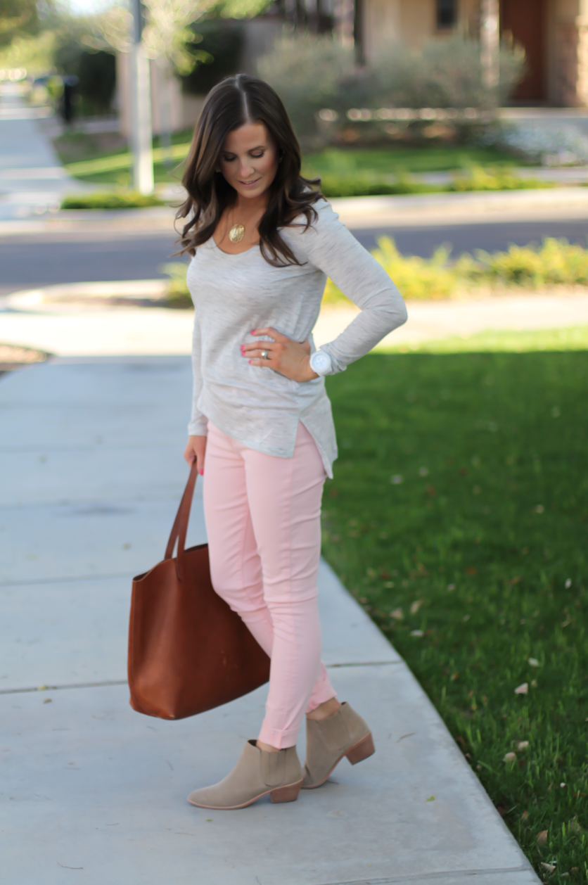 Blush Pink Skinny Jeans, Grey Scoop Neck Tee, Tan Suede Booties, Cognac Leather Tote, 7 for All Mankind, Banana Republic, Joie, Madewell 3