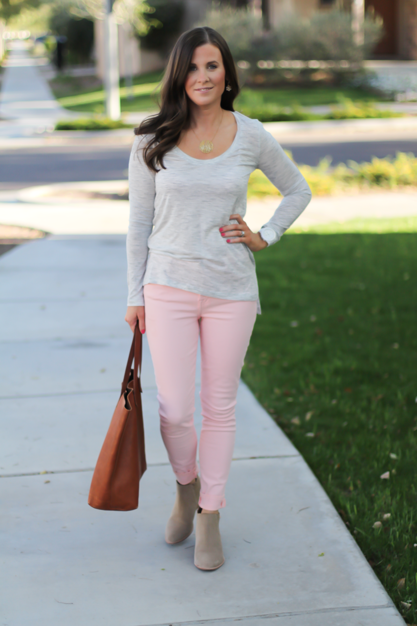 Blush Pink Skinny Jeans, Grey Scoop Neck Tee, Tan Suede Booties, Cognac Leather Tote, 7 for All Mankind, Banana Republic, Joie, Madewell 5