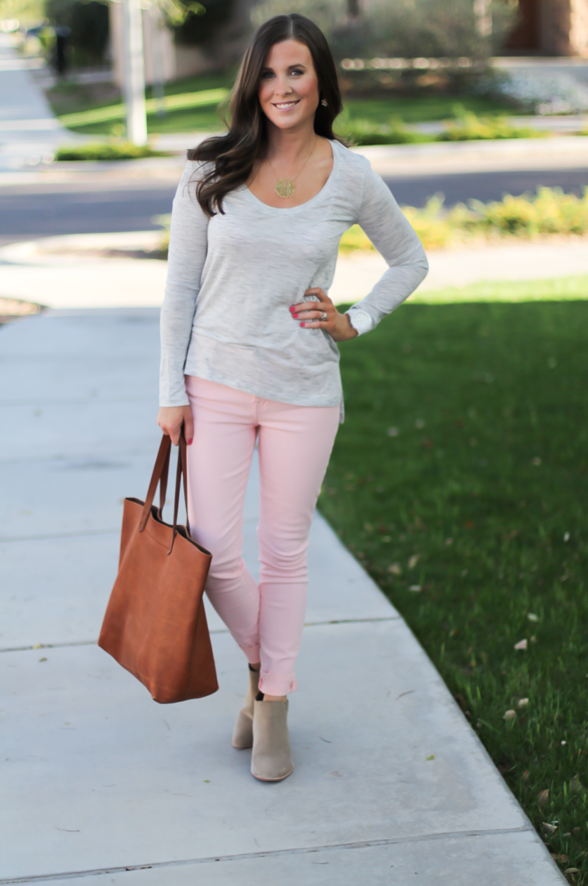 Blush Pink Skinny Jeans, Grey Scoop Neck Tee, Tan Suede Booties, Cognac Leather Tote, 7 for All Mankind, Banana Republic, Joie, Madewell 6