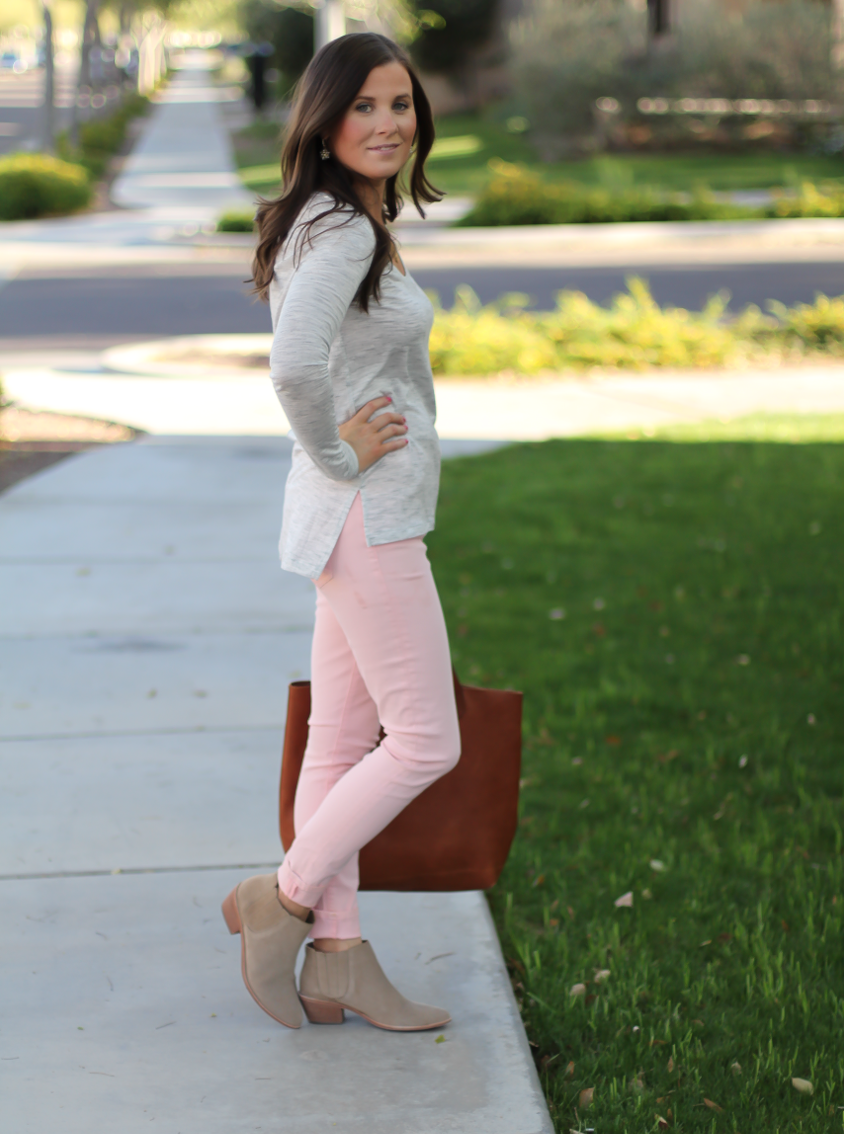 Blush Pink Skinny Jeans, Grey Scoop Neck Tee, Tan Suede Booties, Cognac Leather Tote, 7 for All Mankind, Banana Republic, Joie, Madewell 7