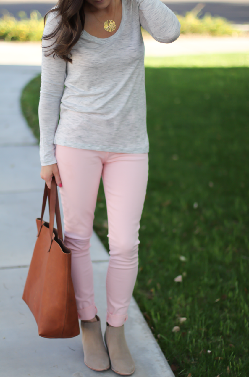 Blush Pink Skinny Jeans, Grey Scoop Neck Tee, Tan Suede Booties, Cognac Leather Tote, 7 for All Mankind, Banana Republic, Joie, Madewell 8