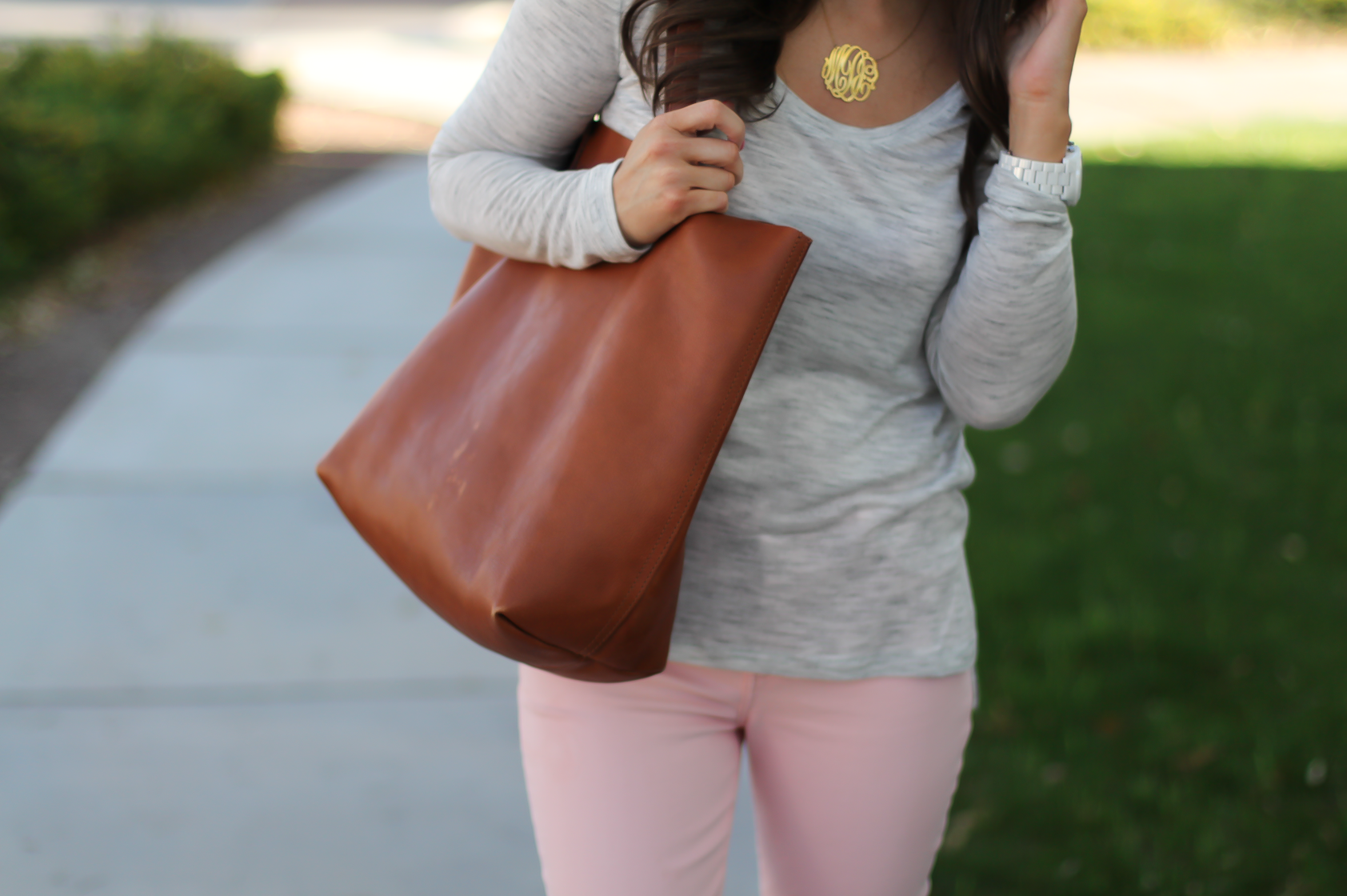 Blush Pink Skinny Jeans, Grey Scoop Neck Tee, Tan Suede Booties, Cognac Leather Tote, 7 for All Mankind, Banana Republic, Joie, Madewell 9