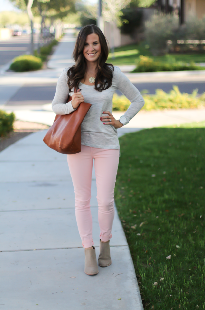 Blush Pink Skinny Jeans, Grey Scoop Neck Tee, Tan Suede Booties, Cognac Leather Tote, 7 for All Mankind, Banana Republic, Joie, Madewell