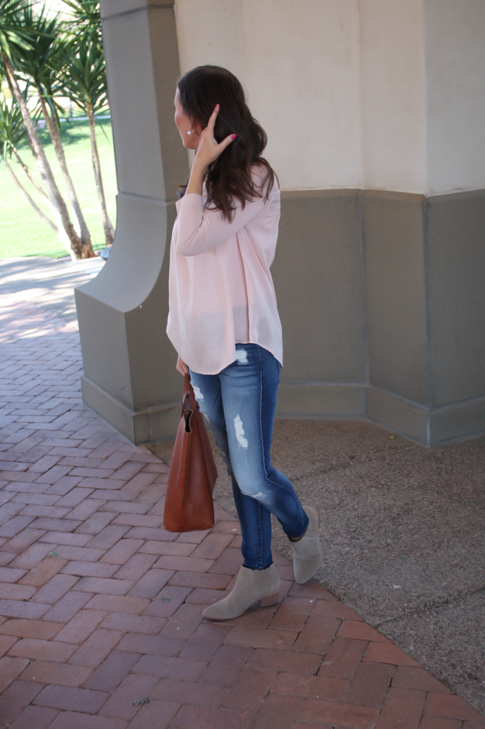 Blush Pink Tee, Distressed Skinny Jeans, Tan Suede Booties, Cognac Tote, Loft, 7 for all Mankind, Joie, Madewell 3