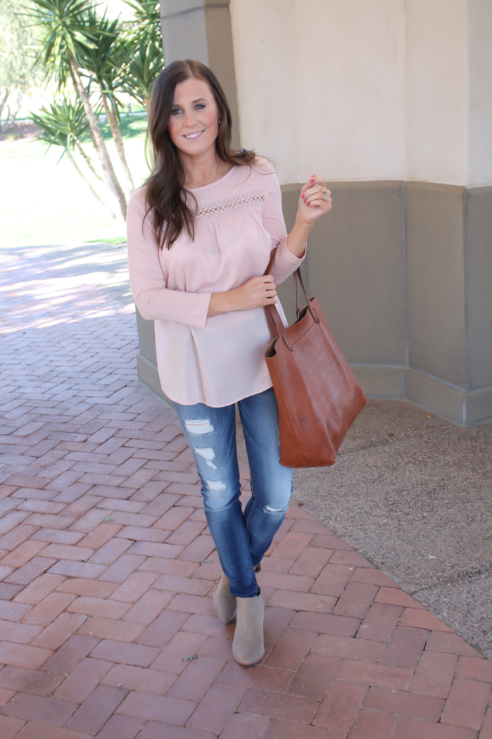 Blush Pink Tee, Distressed Skinny Jeans, Tan Suede Booties, Cognac Tote, Loft, 7 for all Mankind, Joie, Madewell 6