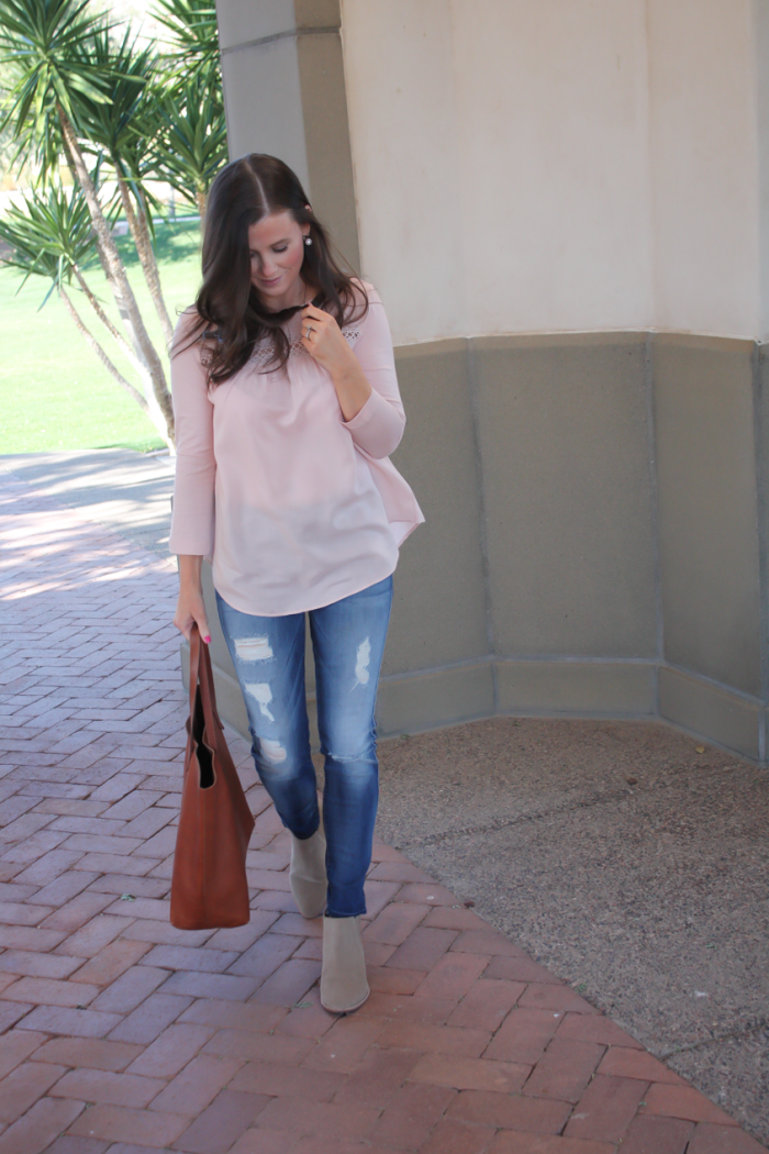 Blush Pink Tee, Distressed Skinny Jeans, Tan Suede Booties, Cognac Tote, Loft, 7 for all Mankind, Joie, Madewell 7