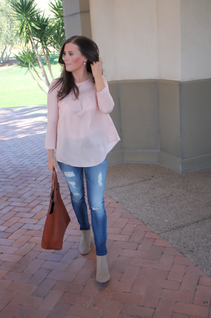Blush Pink Tee, Distressed Skinny Jeans, Tan Suede Booties, Cognac Tote, Loft, 7 for all Mankind, Joie, Madewell 8