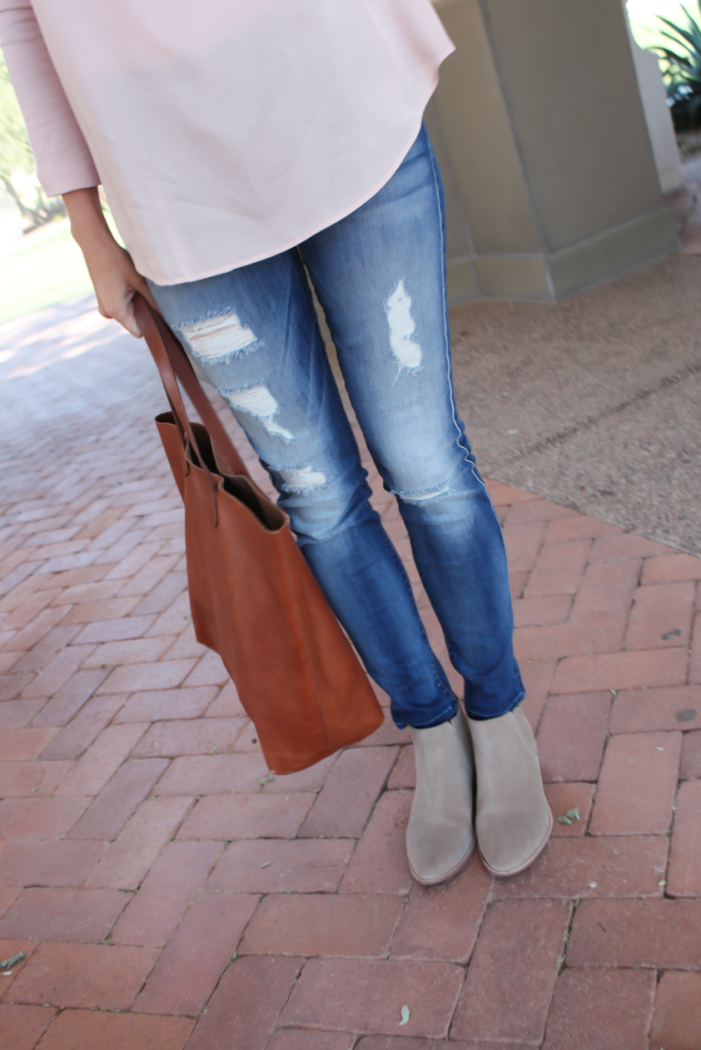 Blush Pink Tee, Distressed Skinny Jeans, Tan Suede Booties, Cognac Tote, Loft, 7 for all Mankind, Joie, Madewell 9