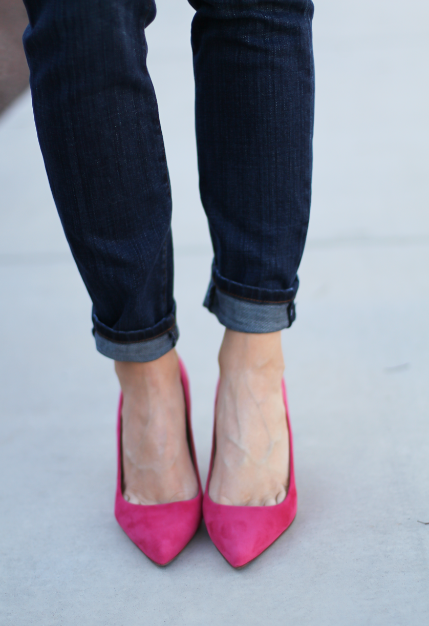 Chambray Shirt, Dark Rinse Skinny Jeans, Pink Suede Heels, Brown Leather Tote, J.Crew, Current Elliott, J.Crew, Celine 11