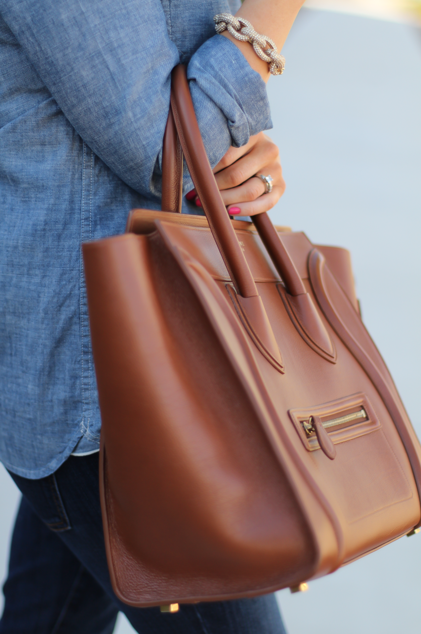 Chambray Shirt, Dark Rinse Skinny Jeans, Pink Suede Heels, Brown Leather Tote, J.Crew, Current Elliott, J.Crew, Celine 12