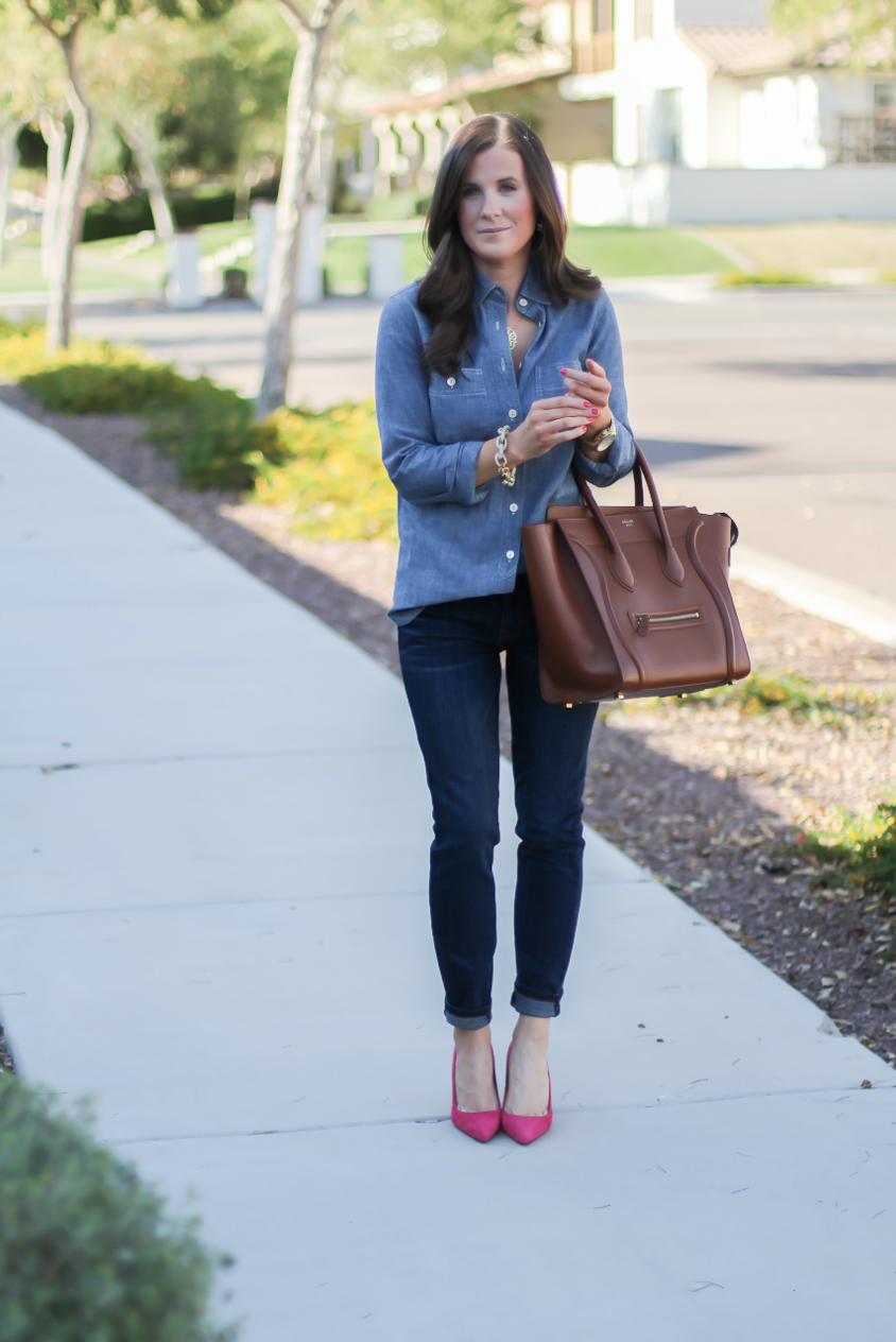 Chambray Shirt, Dark Rinse Skinny Jeans, Pink Suede Heels, Brown Leather Tote, J.Crew, Current Elliott, J.Crew, Celine 2