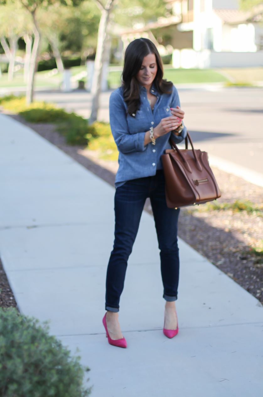 Chambray Shirt, Dark Rinse Skinny Jeans, Pink Suede Heels, Brown Leather Tote, J.Crew, Current Elliott, J.Crew, Celine 3