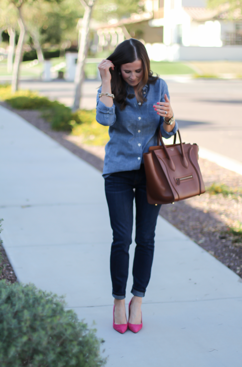 Chambray Shirt, Dark Rinse Skinny Jeans, Pink Suede Heels, Brown Leather Tote, J.Crew, Current Elliott, J.Crew, Celine 4