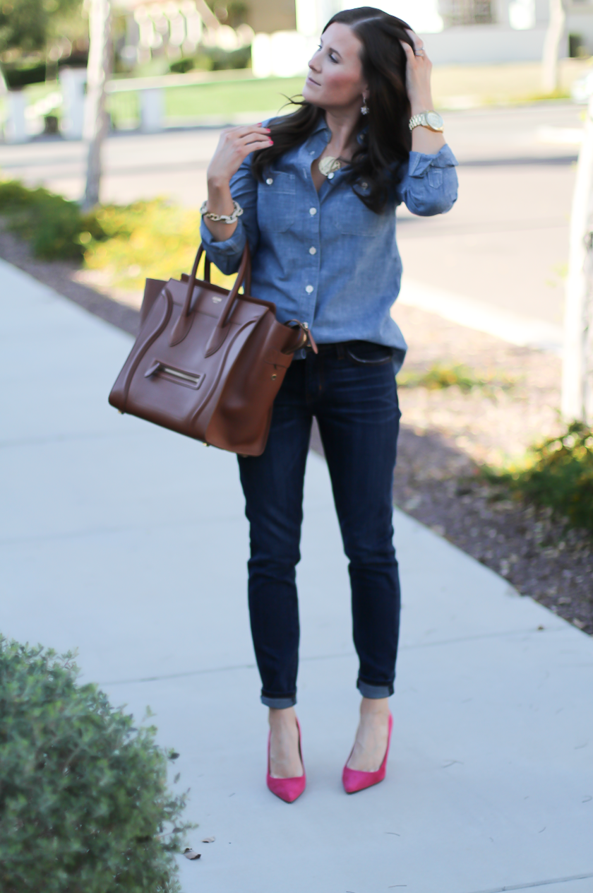 Chambray Shirt, Dark Rinse Skinny Jeans, Pink Suede Heels, Brown Leather Tote, J.Crew, Current Elliott, J.Crew, Celine 5