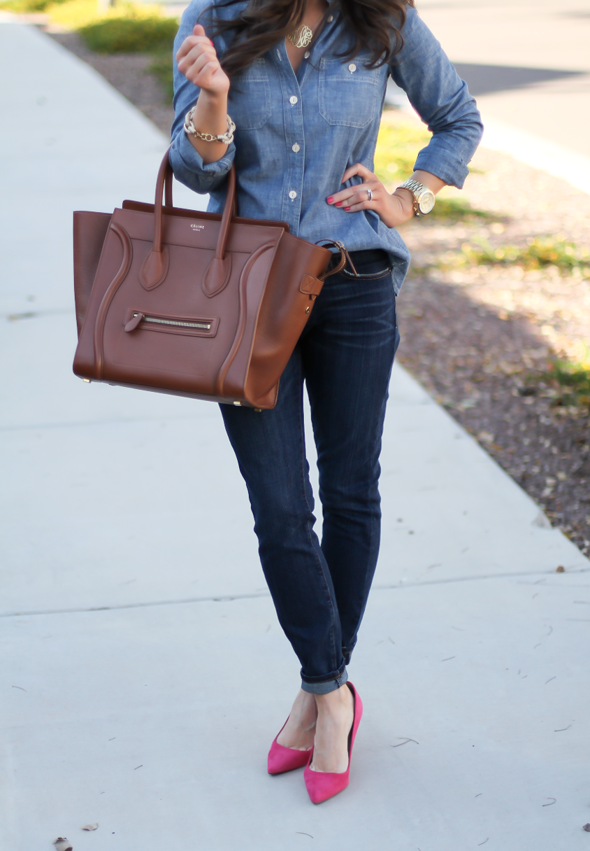 Chambray Shirt, Dark Rinse Skinny Jeans, Pink Suede Heels, Brown Leather Tote, J.Crew, Current Elliott, J.Crew, Celine 7