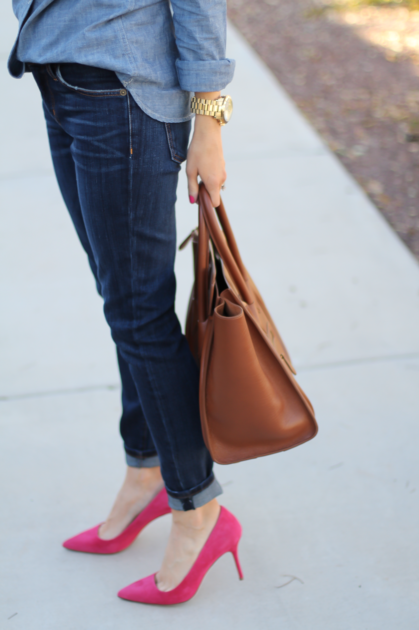 Chambray Shirt, Dark Rinse Skinny Jeans, Pink Suede Heels, Brown Leather Tote, J.Crew, Current Elliott, J.Crew, Celine 9