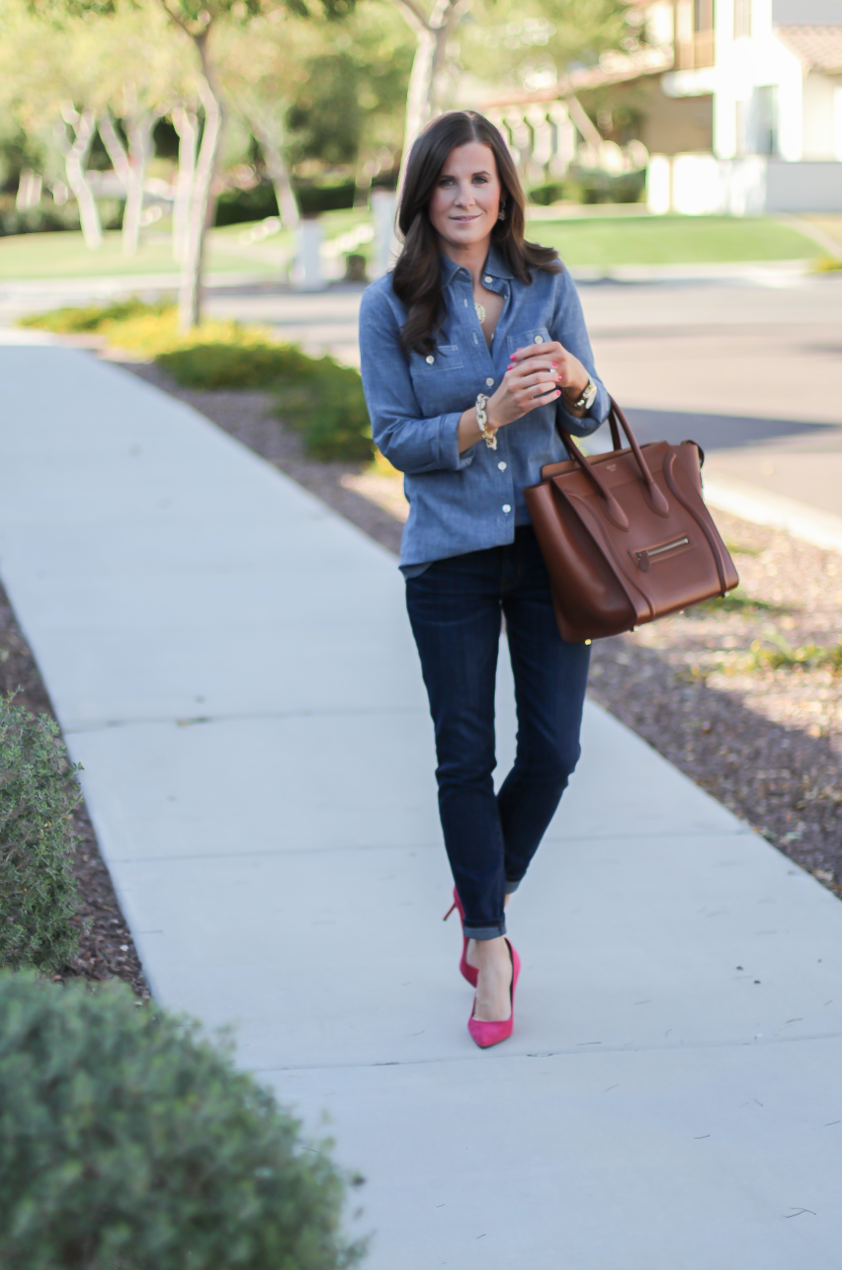 Chambray Shirt, Dark Rinse Skinny Jeans, Pink Suede Heels, Brown Leather Tote, J.Crew, Current Elliott, J.Crew, Celine