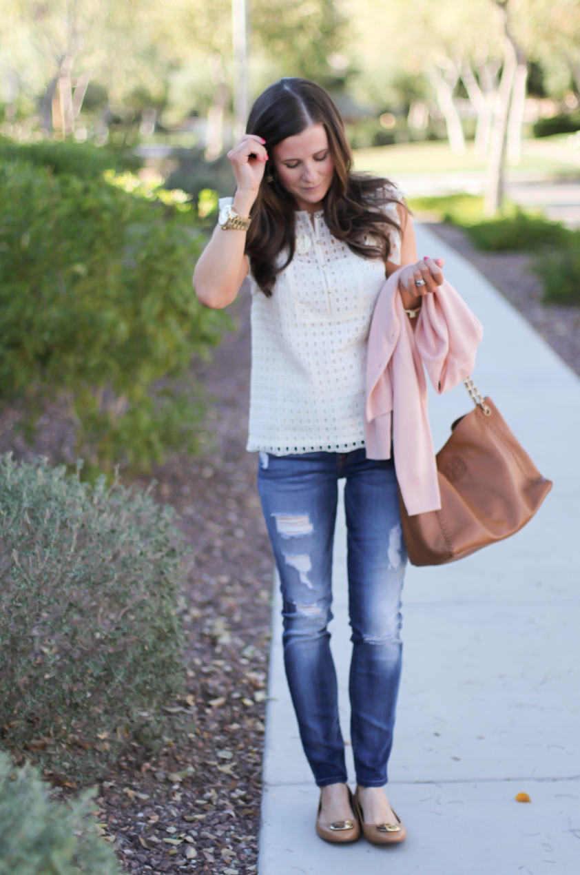 Eyelet Ruffle Sleeve Blouse, Distressed Skinny Jeans, Blush Cashmere Cardigan, Tan Leather Flats, Tan Leather Chain Strap Tote, Banana Republic, 7 for All Mankind, Tory Burch 2