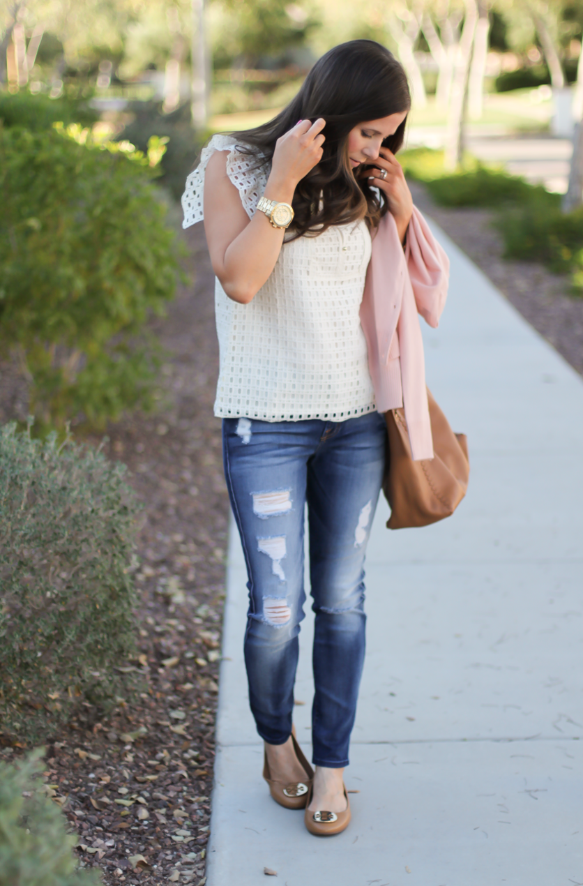 Eyelet Ruffle Sleeve Blouse, Distressed Skinny Jeans, Blush Cashmere Cardigan, Tan Leather Flats, Tan Leather Chain Strap Tote, Banana Republic, 7 for All Mankind, Tory Burch 3