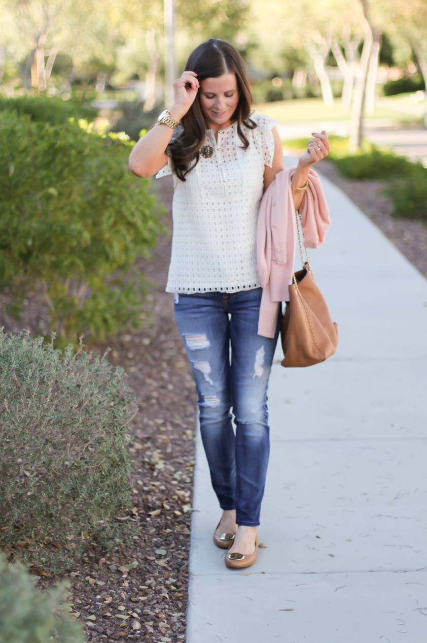 Eyelet Ruffle Sleeve Blouse, Distressed Skinny Jeans, Blush Cashmere Cardigan, Tan Leather Flats, Tan Leather Chain Strap Tote, Banana Republic, 7 for All Mankind, Tory Burch 4