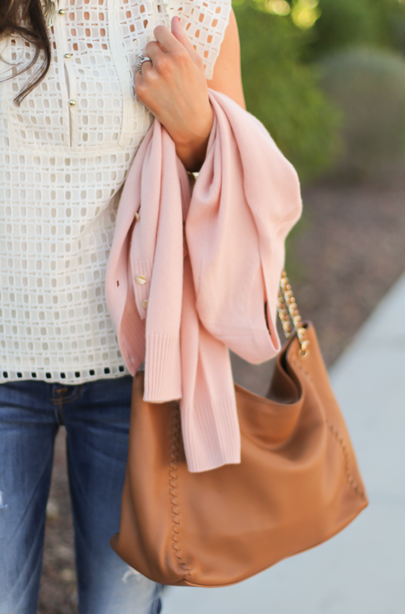 Eyelet Ruffle Sleeve Blouse, Distressed Skinny Jeans, Blush Cashmere Cardigan, Tan Leather Flats, Tan Leather Chain Strap Tote, Banana Republic, 7 for All Mankind, Tory Burch 9