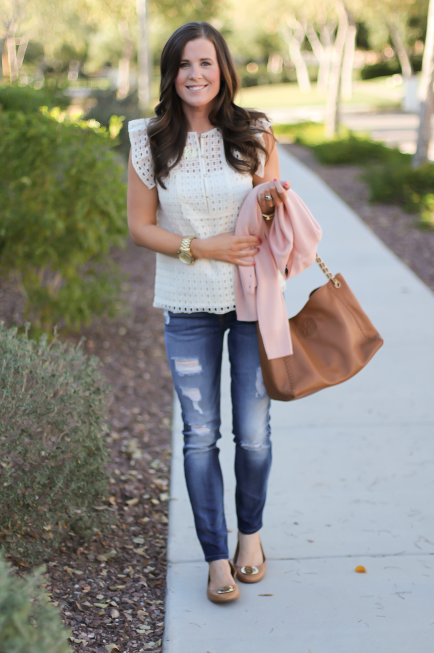 Eyelet Ruffle Sleeve Blouse, Distressed Skinny Jeans, Blush Cashmere Cardigan, Tan Leather Flats, Tan Leather Chain Strap Tote, Banana Republic, 7 for All Mankind, Tory Burch