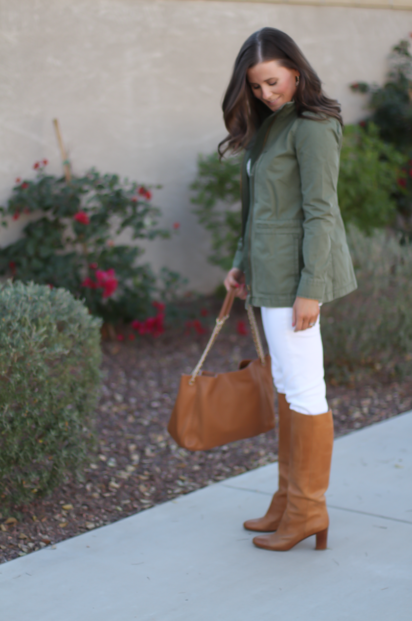 Green Utility Jacket, Grey Striped Tee, White Skinny Jeans, Tan Tote, Tan Boots, Madewell, J.Crew, J Brand, Tory Burch, Maison Margiela 10