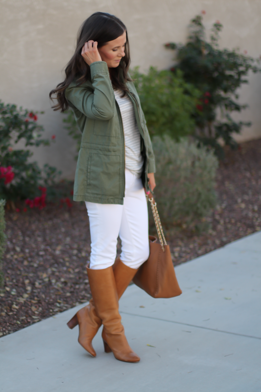 Green Utility Jacket, Grey Striped Tee, White Skinny Jeans, Tan Tote, Tan Boots, Madewell, J.Crew, J Brand, Tory Burch, Maison Margiela 12