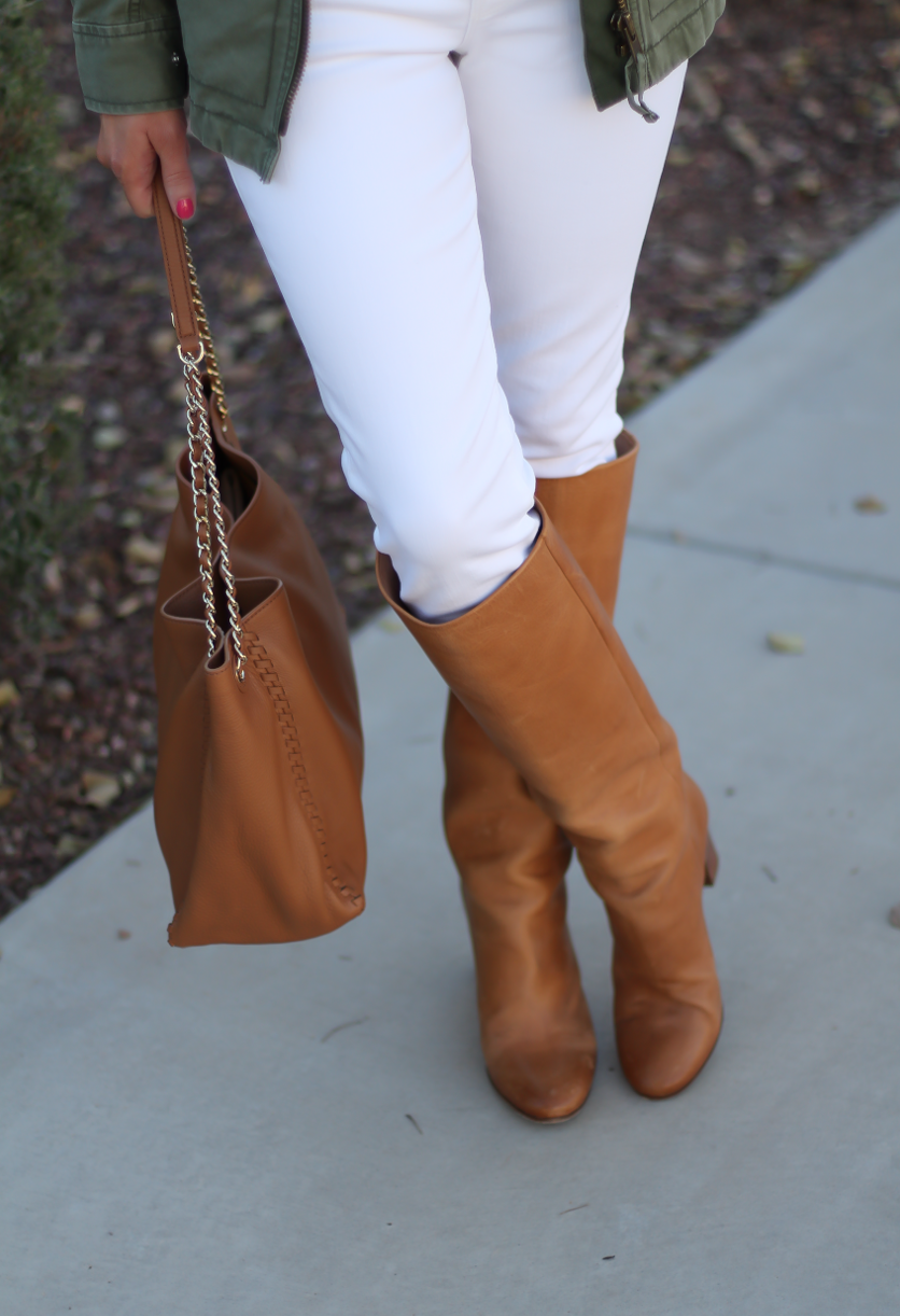 Green Utility Jacket, Grey Striped Tee, White Skinny Jeans, Tan Tote, Tan Boots, Madewell, J.Crew, J Brand, Tory Burch, Maison Margiela 15