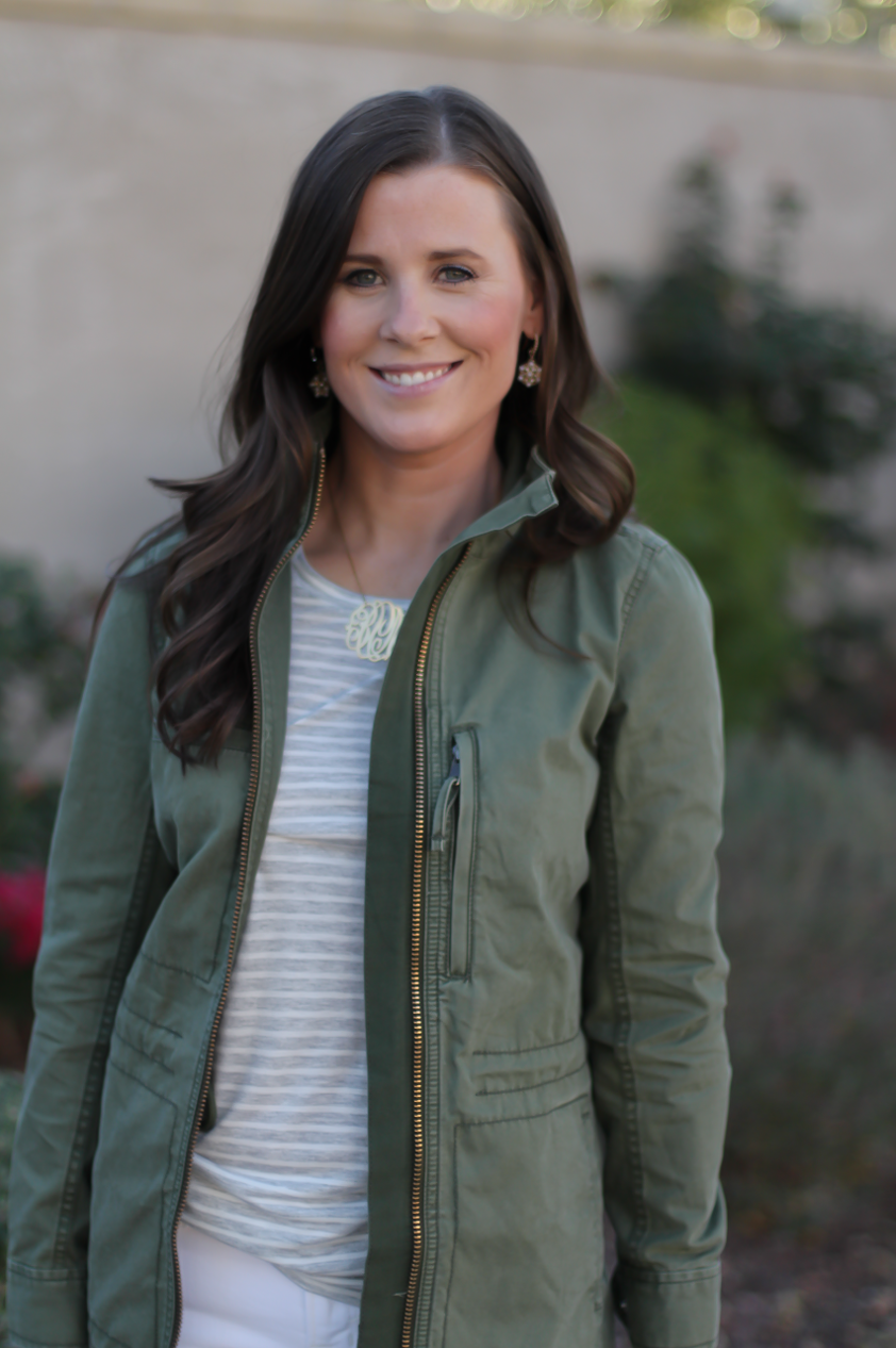 Green Utility Jacket, Grey Striped Tee, White Skinny Jeans, Tan Tote, Tan Boots, Madewell, J.Crew, J Brand, Tory Burch, Maison Margiela 16