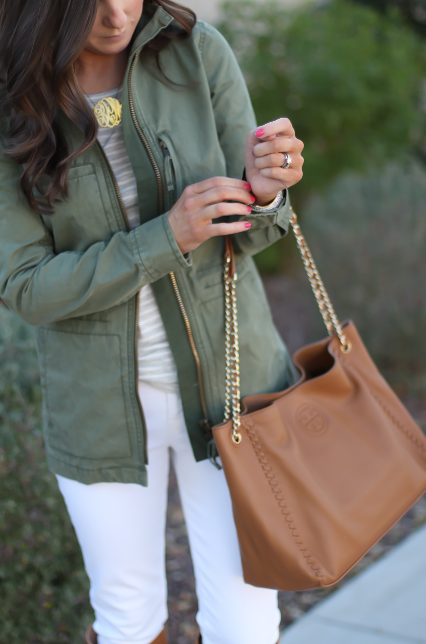 Green Utility Jacket, Grey Striped Tee, White Skinny Jeans, Tan Tote, Tan Boots, Madewell, J.Crew, J Brand, Tory Burch, Maison Margiela 17