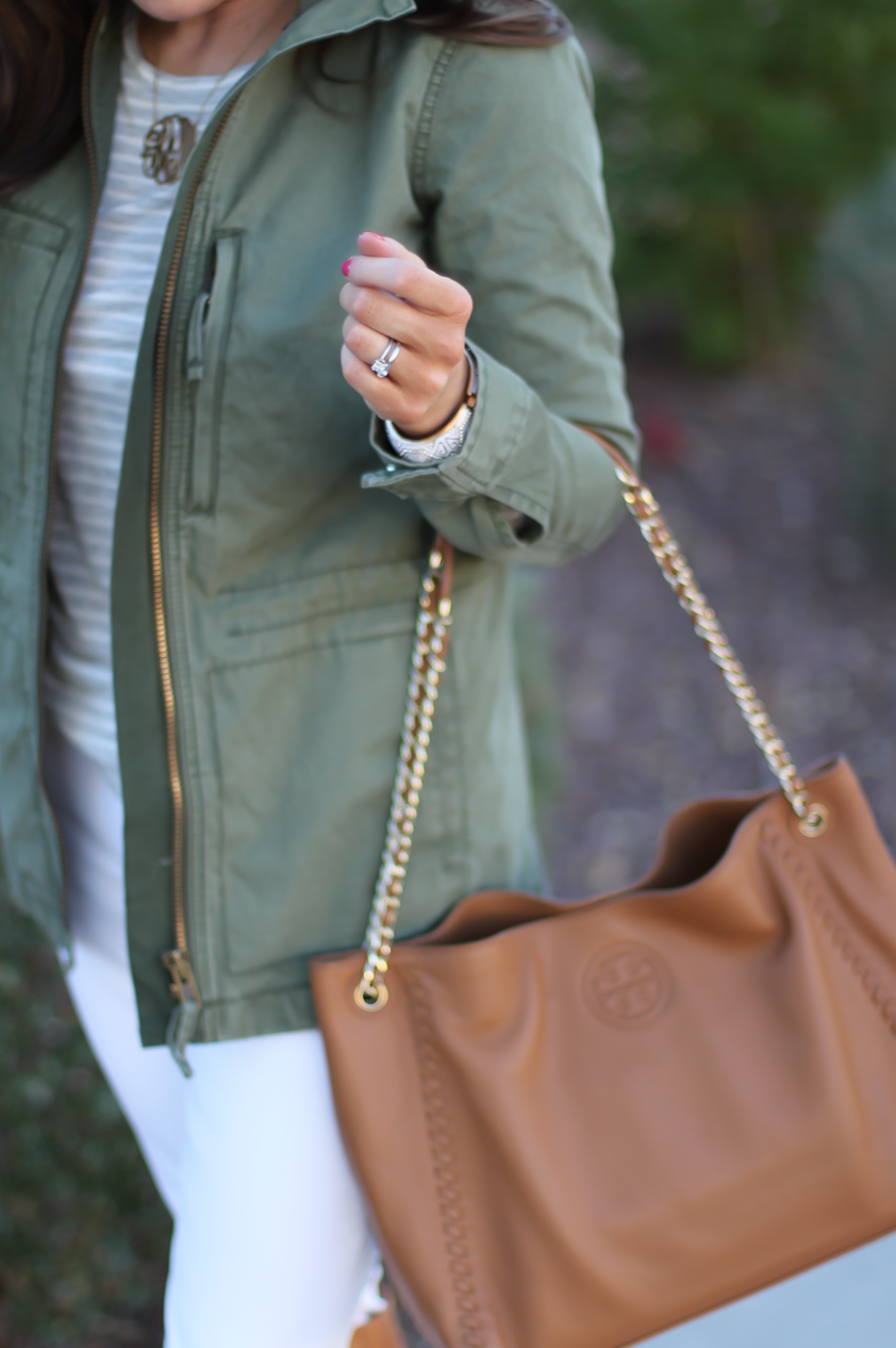 Green Utility Jacket, Grey Striped Tee, White Skinny Jeans, Tan Tote, Tan Boots, Madewell, J.Crew, J Brand, Tory Burch, Maison Margiela 19