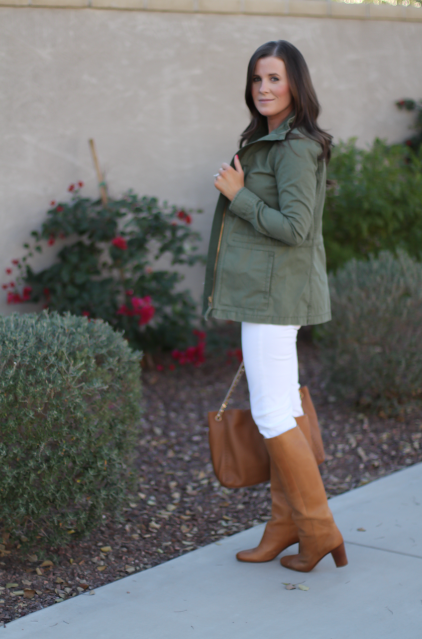 Green Utility Jacket, Grey Striped Tee, White Skinny Jeans, Tan Tote, Tan Boots, Madewell, J.Crew, J Brand, Tory Burch, Maison Margiela 3