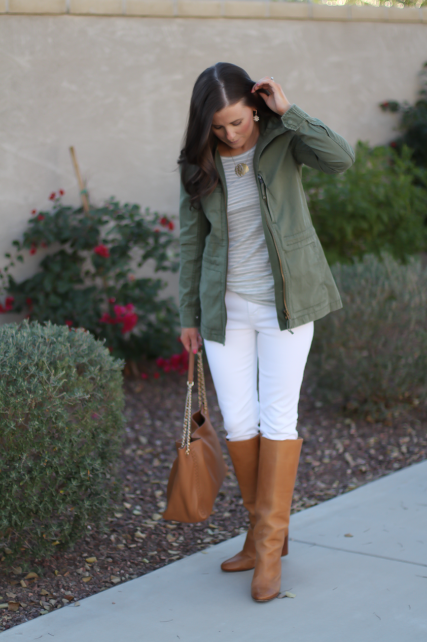 Green Utility Jacket, Grey Striped Tee, White Skinny Jeans, Tan Tote, Tan Boots, Madewell, J.Crew, J Brand, Tory Burch, Maison Margiela 4